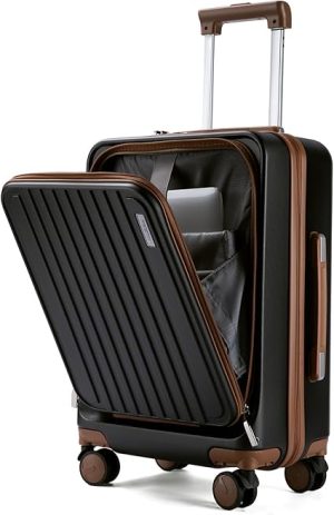 Carry on Luggage 22x14x9 Airline Approved, 20 Inch Carry on Luggage with Front Compartment, Travel Carry on Suitcase Lightweight with Wheels Black with Brown (TSA Approved)